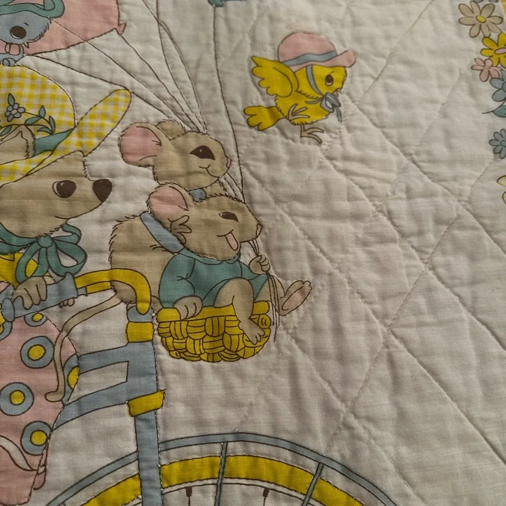Vintage Thats Our Baby Crib Blanket Quilt Bicycle Balloons Bunny Squirrel